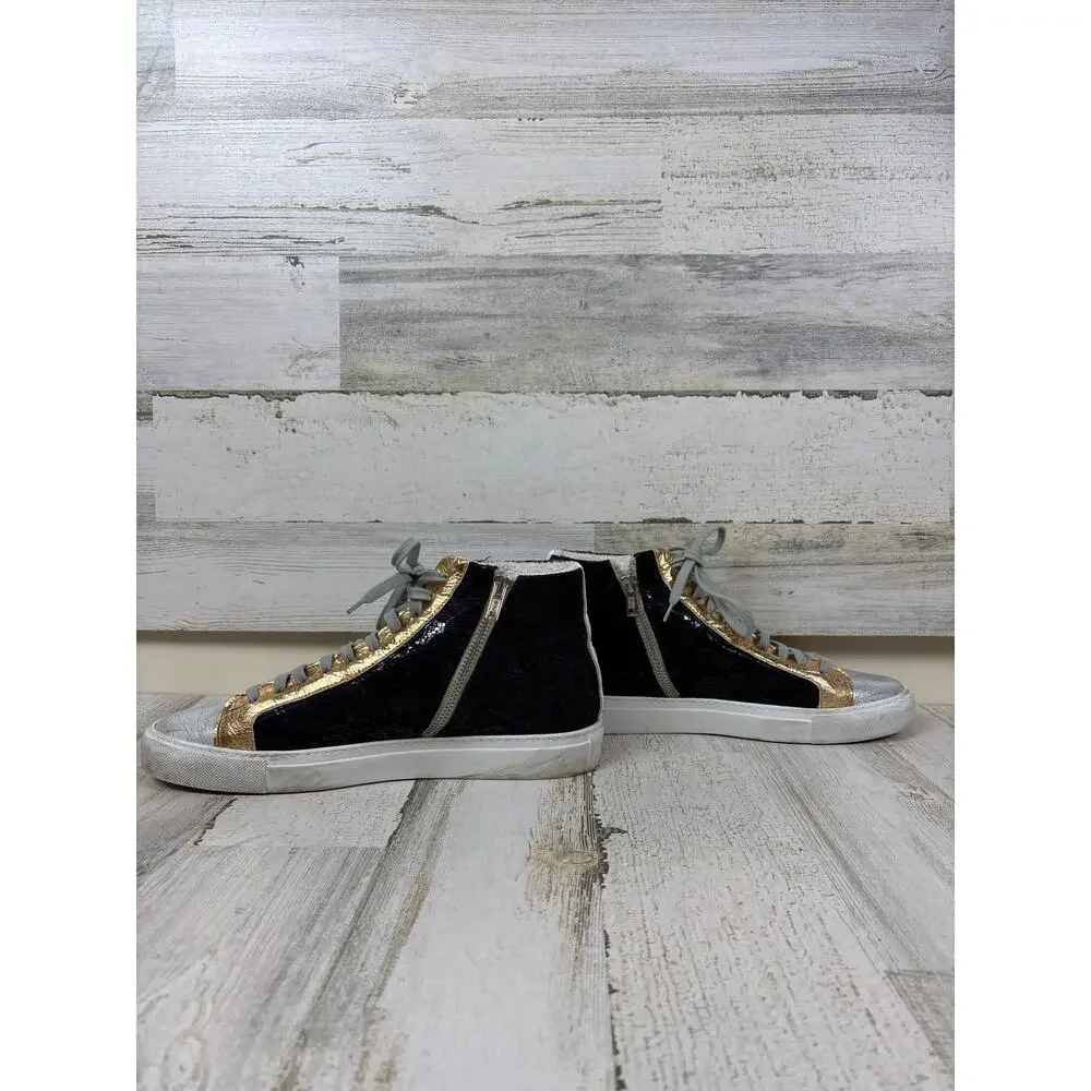 P448 Womens 10 Black Metallic Leather High Top Gold Lace Up Casual Sneakers